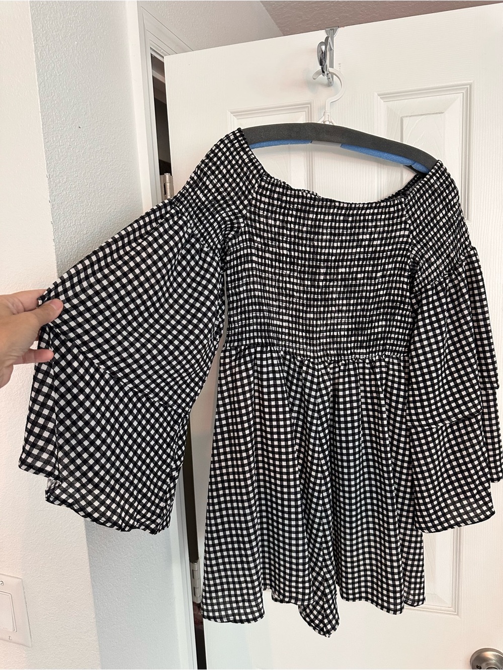 NWOT •VENUS • Gingham Off Shoulder Romper • Bell Sleeve • Size Small